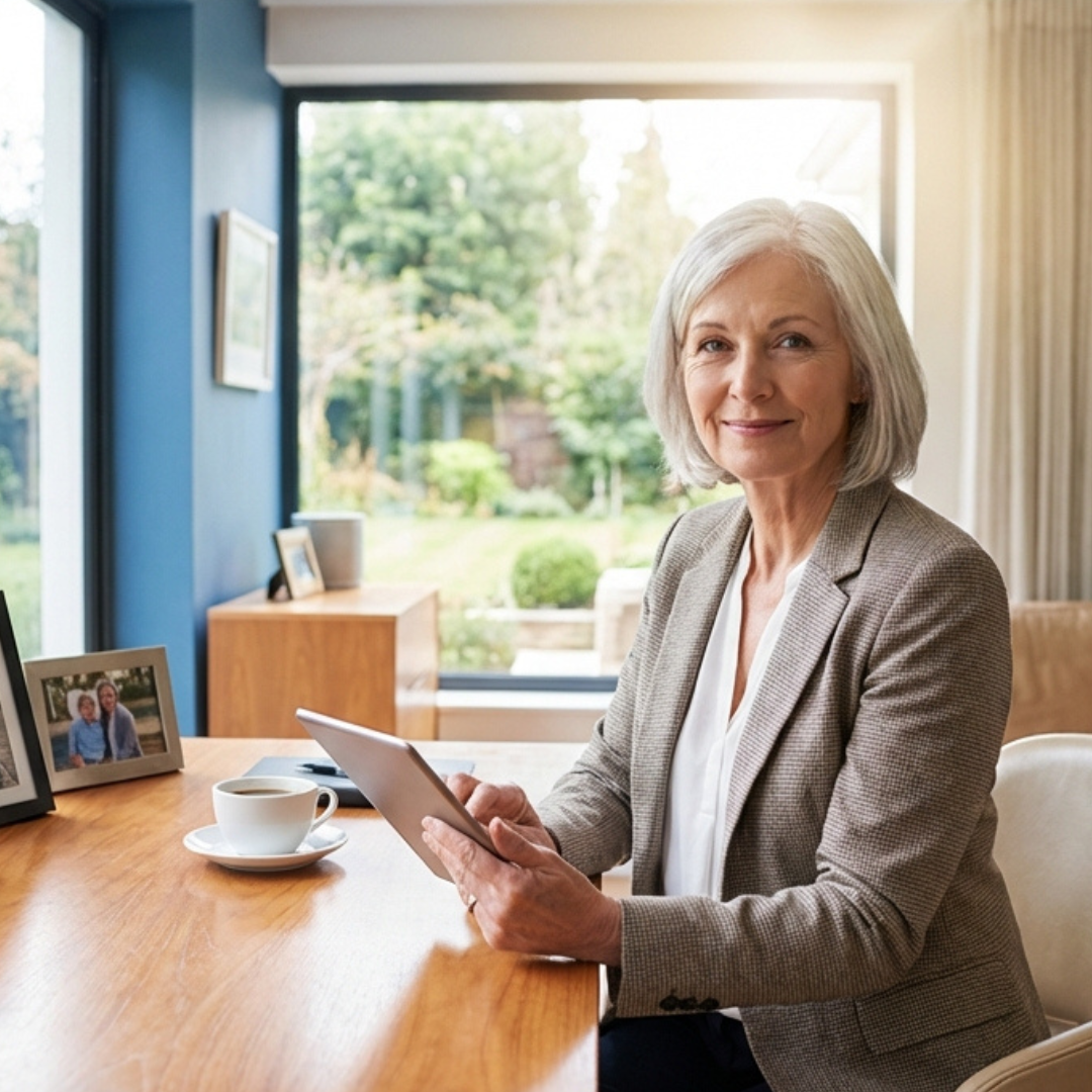 Retired woman confidently reviewing her retirement plan